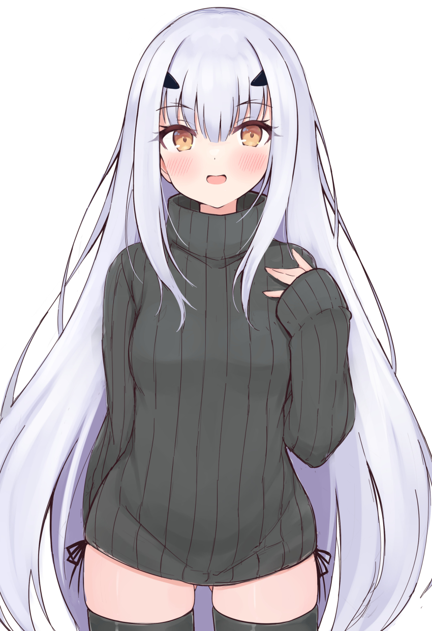 1girl, absurdres, black_sweater, black_thighhighs, breasts, brown_eyes, cowboy_shot, melusine_(fate), fate/grand_order, fate_(series), gluteal_fold, grey_hair, highres, long_hair, long_sleeves, medium_breasts, shimejirou_(000kk), simple_background, solo, standing, sweater, thighhighs, turtleneck, turtleneck_sweater, very_long_hair, white_background