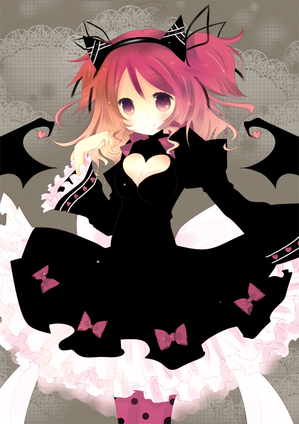 1girl, animal_ears, bad_id, bad_pixiv_id, bat_wings, black_dress, blush, bow
