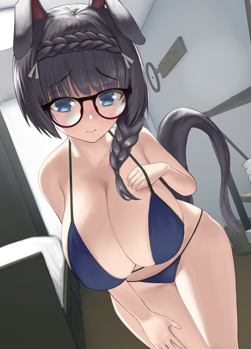 1girl, absurdres, alternate_breast_size_(larger), animal_ears, bikini, black_bikini, blue_bikini, blue_eyes