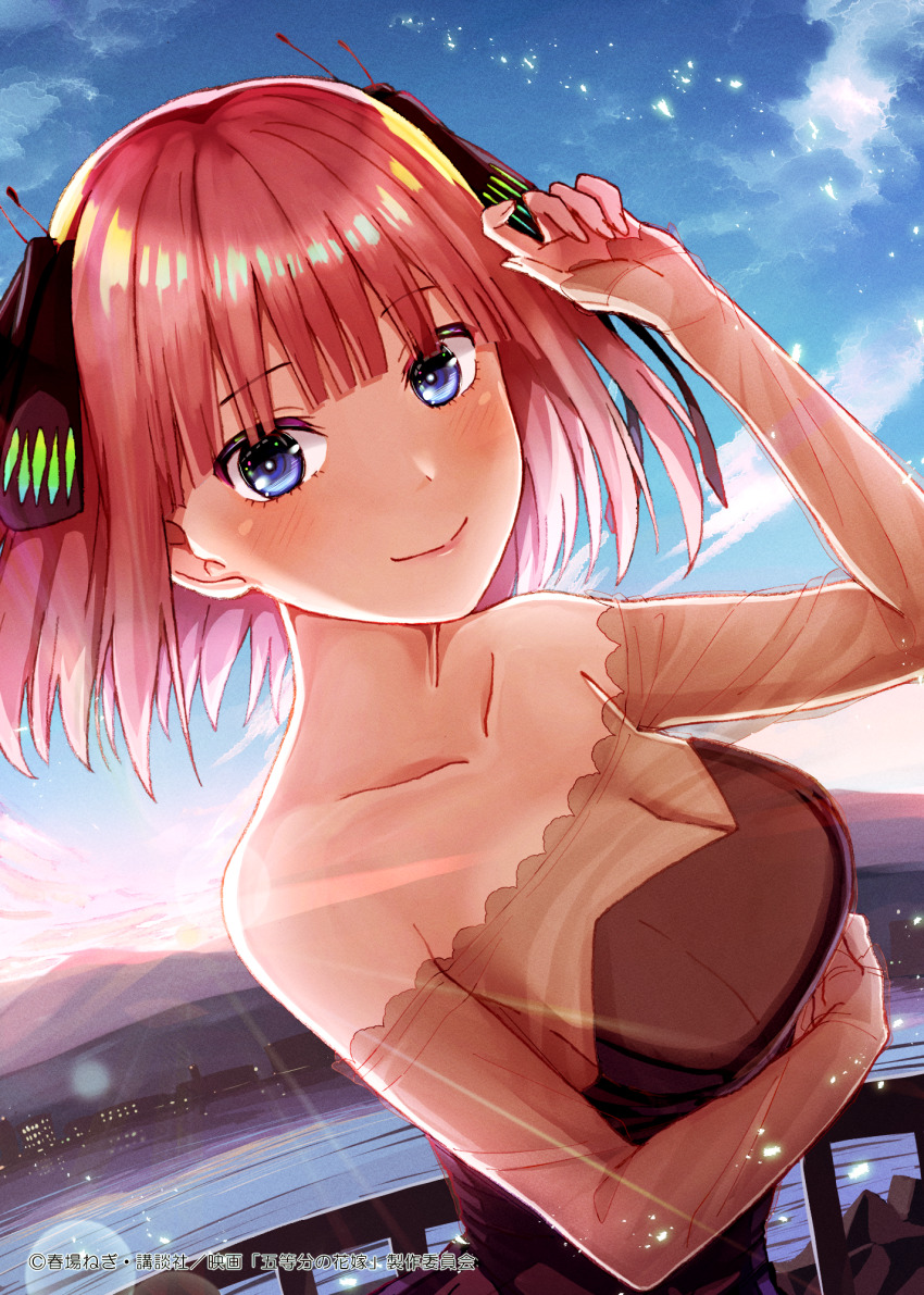 1girl, arm_up, black_dress, blue_eyes, blush, breasts, cleavage, collarbone