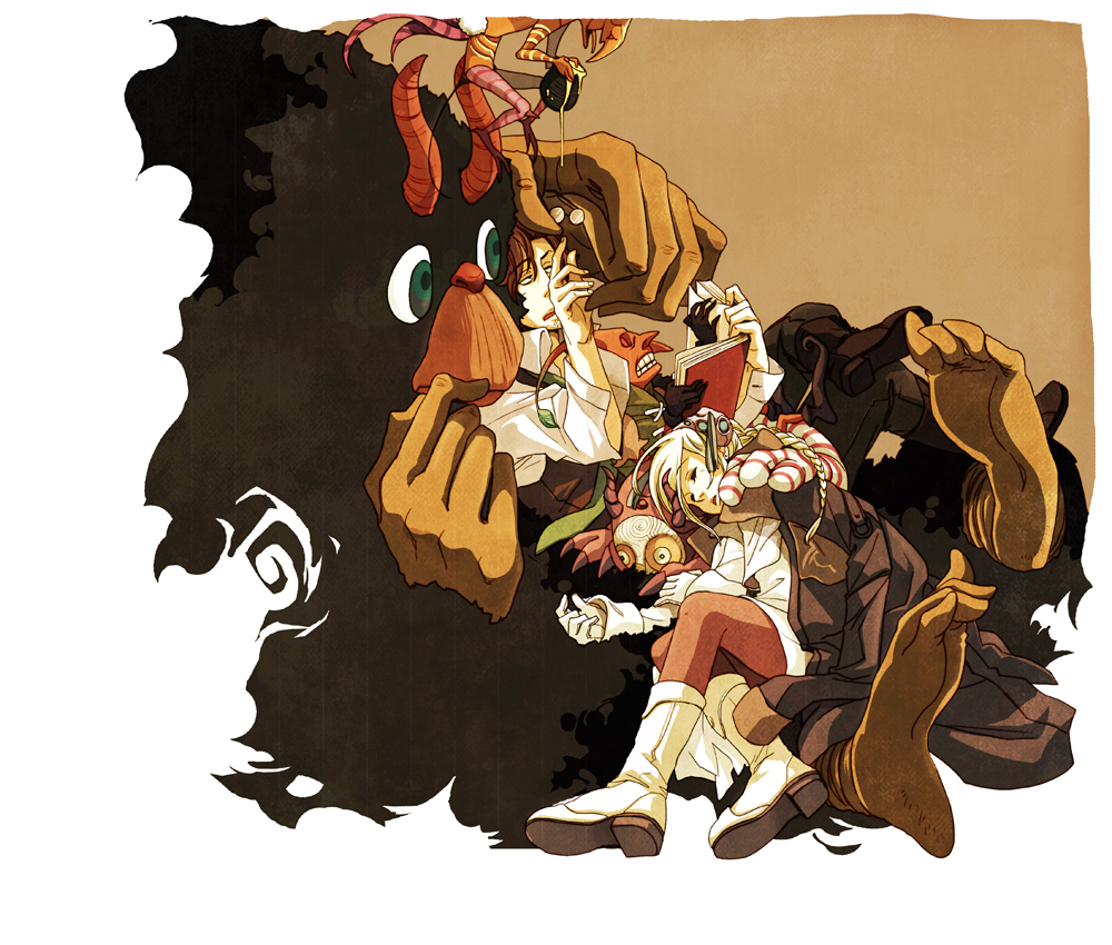 blonde_hair, book, boots, braid, brown_hair, dress_shirt, ellen_(folkssoul), closed_eyes