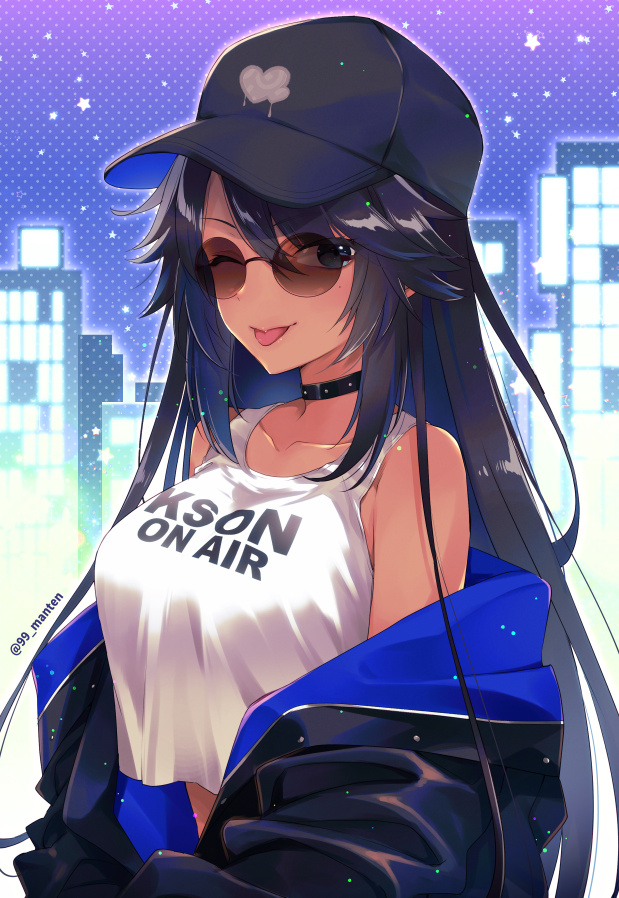 1girl, baseball_cap, black_hair, black_hat, blue_eyes, blue_hair, colored_inner_hair, crop_top