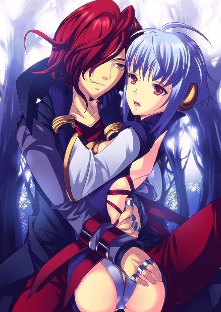 1boy, 1girl, ass, blue_hair, bracelet, coat, couple, enokei