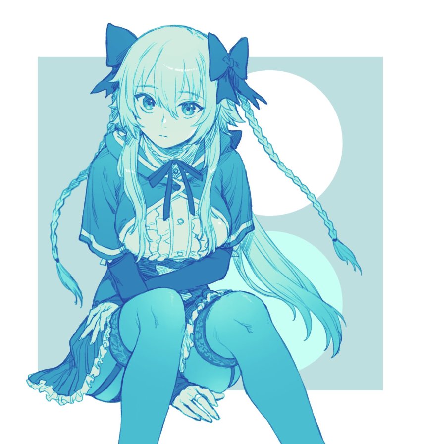 1girl, assault_lily, between_legs, blue_theme, border, bow, braid, breasts