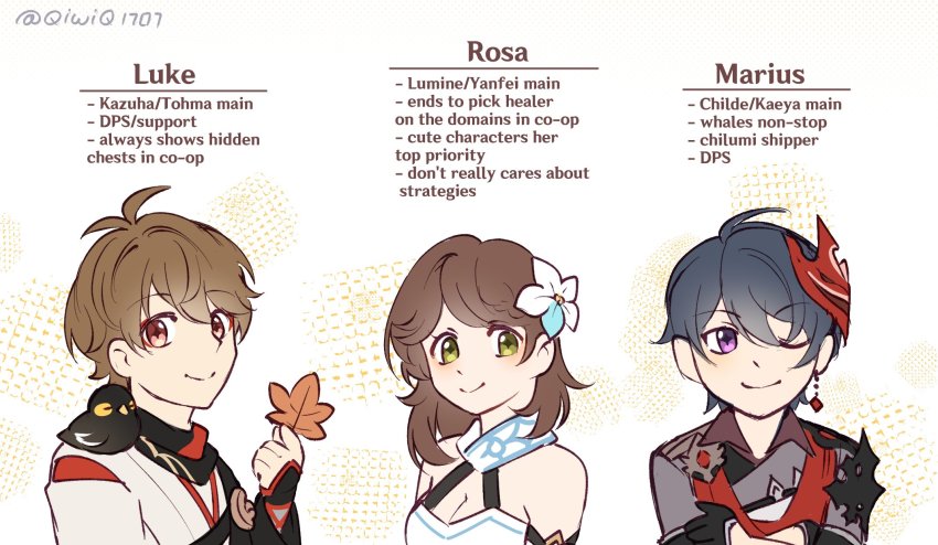 1girl, 2boys, black_gloves, brown_eyes, brown_hair, character_name, chinese_clothes, closed_mouth