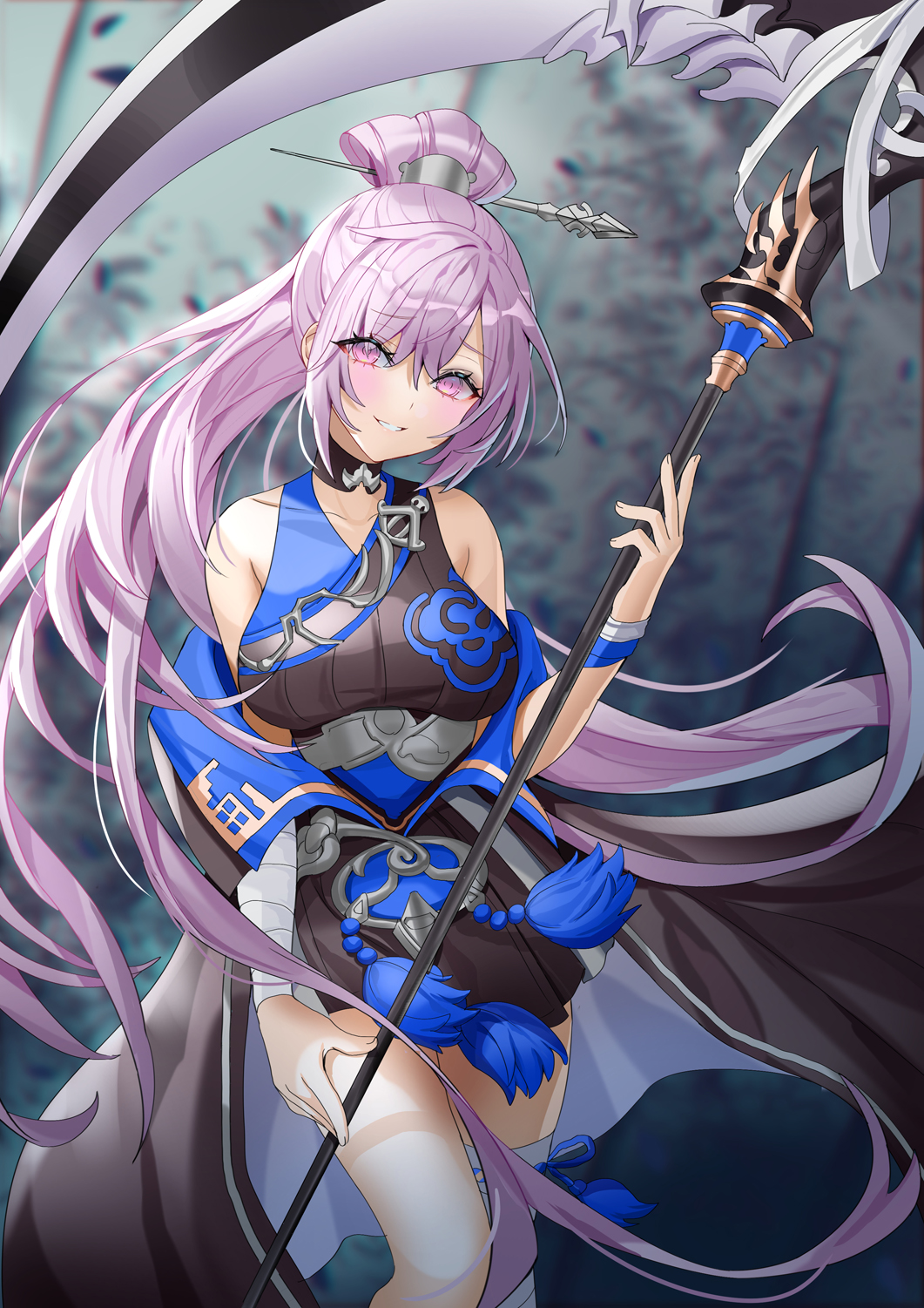 1girl, bandaged_arm, bandages, black_dress, blurry, blurry_background, breasts, collarbone, copyright_request, covered_collarbone, depth_of_field, dress, feet_out_of_frame, hair_between_eyes, hair_ornament, hair_stick, hand_up, highres, holding, holding_scythe, large_breasts, lloule, long_hair, orient_arcadia, parted_lips, pink_eyes, ponytail, purple_hair, scythe, single_thighhigh, sleeveless, sleeveless_dress, solo, thighhighs, very_long_hair, white_thighhighs, zhang_chunhua_(orient_arcadia)