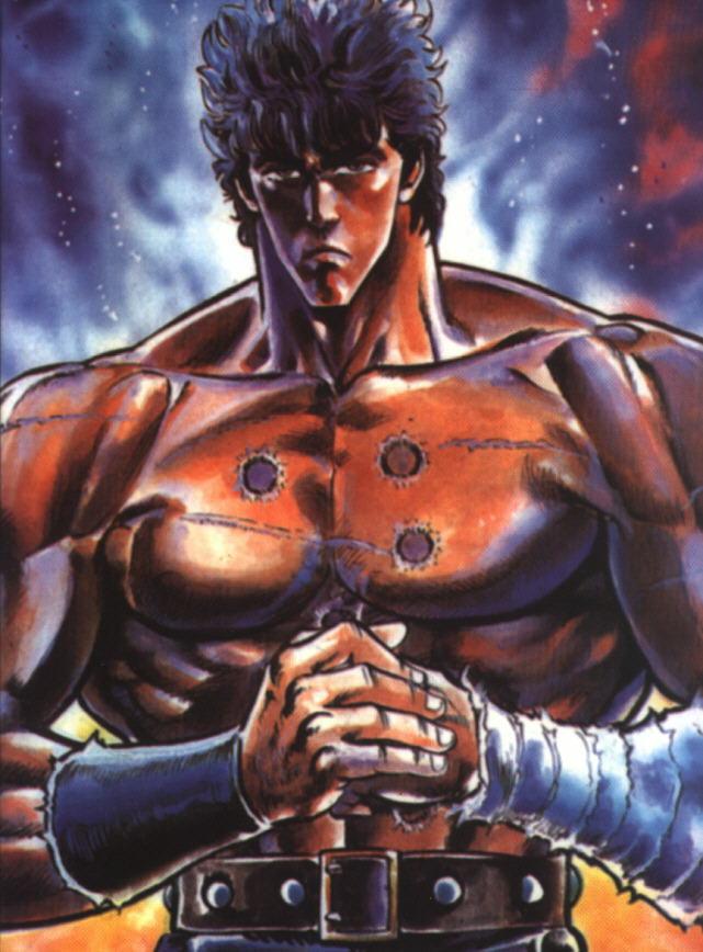 1boy, bandages, black_hair, bracer, hara_tetsuo, hokuto_no_ken, kenshiro, male_focus, manly, muscular, punching_hand, scar, serious, topless_male, solo