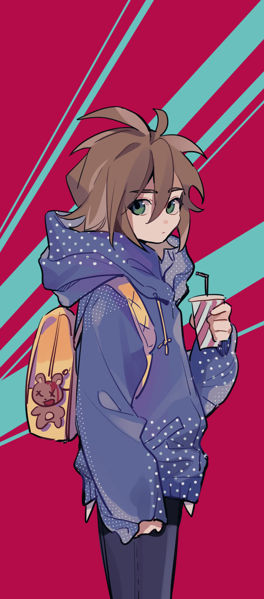 1boy, absurdres, antenna_hair, backpack, bag, blue_jacket, blue_pants, chinese_commentary