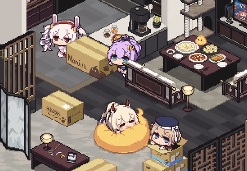 4girls, animal_ears, ayanami_(azur_lane), azur_lane, beret, box, cardboard_box, cat_tower, coffee_maker, couch, fake_animal_ears, hat, headband, indoors, ino_futon, javelin_(azur_lane), laffey_(azur_lane), manjuu_(azur_lane), multiple_girls, pixel_art, rabbit_ears, starter_squad_(azur_lane), table, television, z23_(azur_lane)