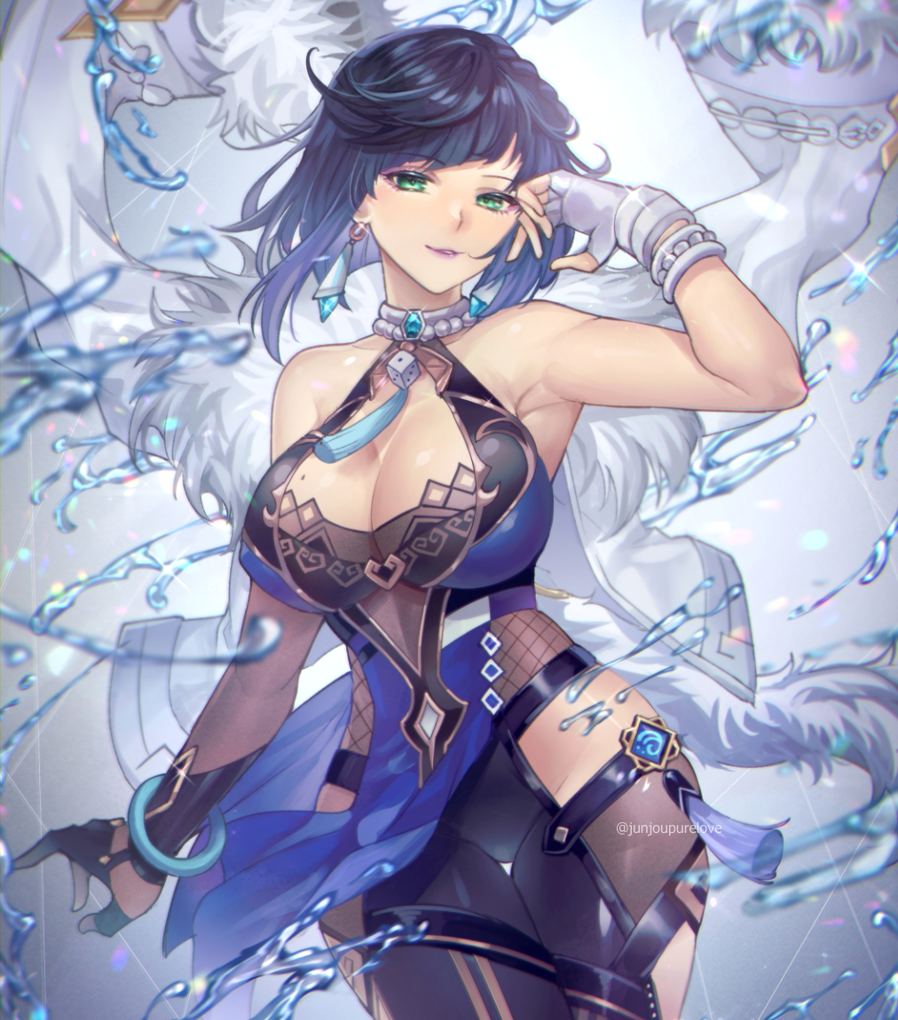 1girl, asymmetrical_gloves, bare_shoulders, blue_dress, bob_cut, breasts, cleavage, diagonal_bangs, dress, genshin_impact, gloves, green_eyes, jacket, jacket_on_shoulders, large_breasts, looking_at_viewer, mole, mole_on_breast, multicolored_hair, pelvic_curtain, sagta_panggang, short_hair, smile, solo, thighs, white_jacket, yelan_(genshin_impact)