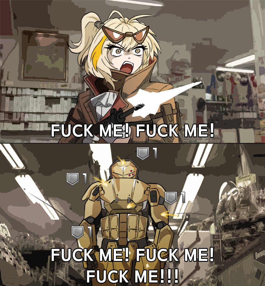 1girl, 1other, aegis_(girls'_frontline), assault_rifle, blood, english_text, firing, gameplay_mechanics, girls'_frontline, gun, holding, holding_gun, holding_weapon, kcco_(girls'_frontline), parody, profanity, rifle, robocop, robocop_1, robot, sterling_(girls'_frontline), subtitled, weapon, wtfman