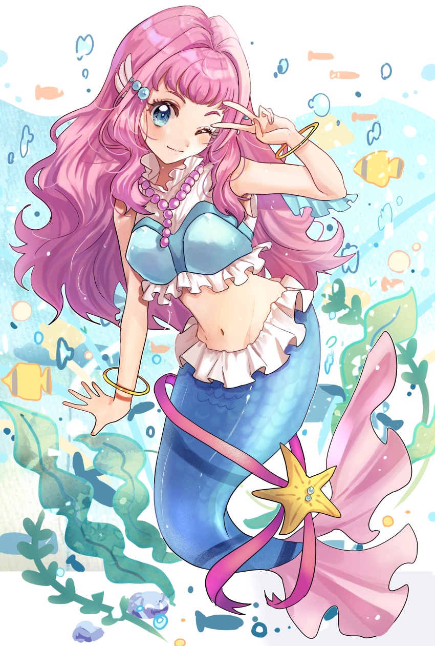 1girl, absurdres, air_bubble, aqua_eyes, blouse, blush, bracelet, breasts, bubble, closed_mouth, fins, fish, full_body, head_fins, highres, huwarinn99, jewelry, laura_la_mer, lips, long_hair, medium_breasts, mermaid, monster_girl, multicolored_shirt, navel, necklace, one_eye_closed, pink_hair, precure, scales, seaweed, shirt, sleeveless, smile, starfish, submerged, thick_eyelashes, tropical-rouge!_precure, underwater, v, water