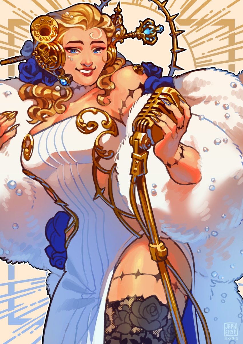 1girl, abstract_background, alternate_costume, bare_shoulders, black_thighhighs, blonde_hair, blue_eyes, blue_flower