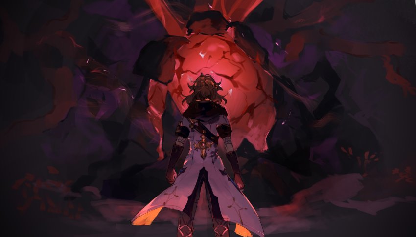 1boy, absurdres, albedo_(genshin_impact), black_boots, boots, brown_hair, clenched_hands, coat