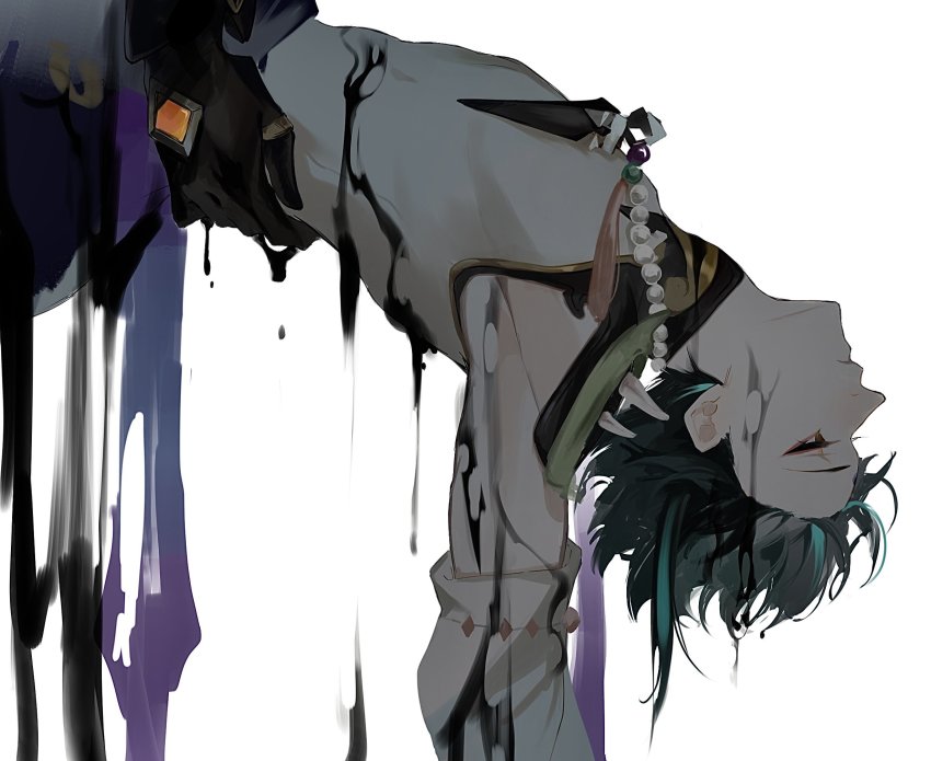 2boys, aqua_hair, bead_necklace, beads, black_gloves, black_hair, closed_mouth, detached_sleeves
