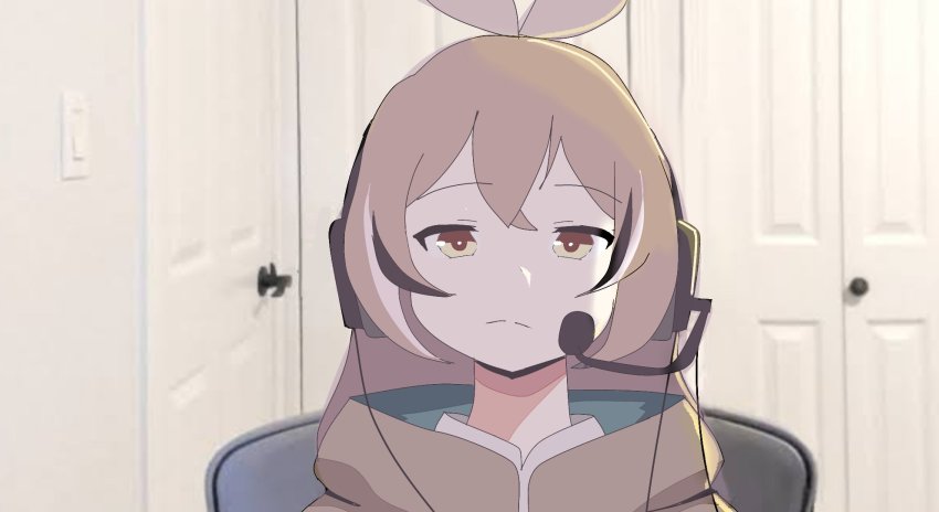 1girl, black_hair, bread_forbidden, brown_hair, chair, closed_mouth, commentary, door