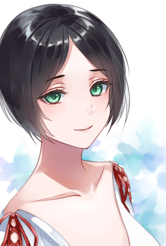 1girl, amagami_akira, black_hair, blue_background, breasts, cleavage, closed_mouth, dress