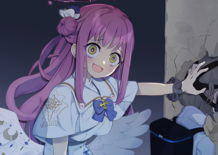 2girls, :d, aku_oribi, arius_student_(blue_archive), backpack, bag, blue_archive, blunt_bangs, bow, bowtie, capelet, commentary_request, crazy_eyes, empty_eyes, feathered_wings, hair_between_eyes, hair_bun, hair_ornament, halo, hand_on_another's_head, light_brown_hair, long_hair, looking_at_viewer, mika_(blue_archive), multiple_girls, open_mouth, pink_hair, pushing, scarf, scrunchie, short_sleeves, side_bun, sidelocks, single_hair_bun, single_side_bun, smile, unconscious, white_wings, wings, wrist_scrunchie, yandere, yellow_eyes