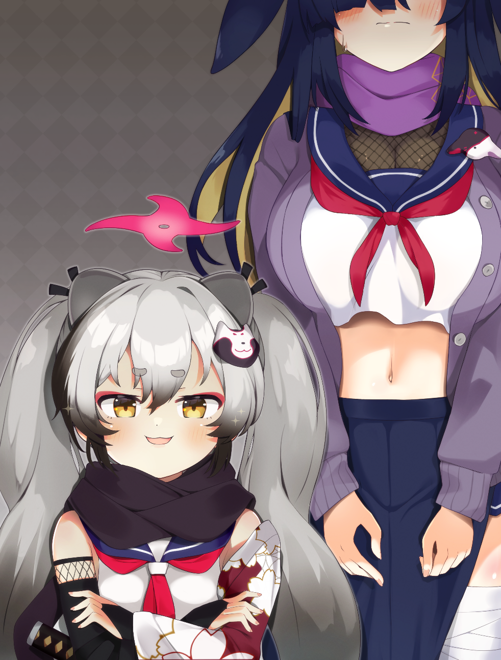 2girls, :d, aku_oribi, animal_ears, black_hair, black_scarf, blue_archive, breasts