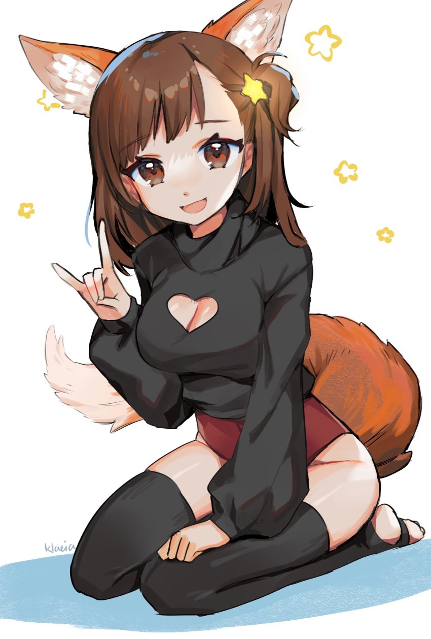 1girl, animal_ear_fluff, animal_ears, annytf, black_shirt, black_thighhighs, breasts, brown_eyes