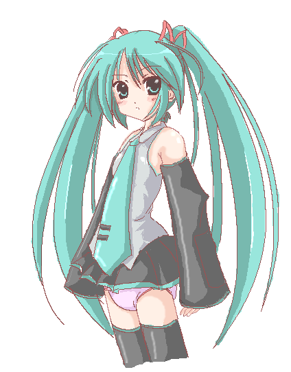 1girl, 2000s_(style), aqua_eyes, aqua_hair, aqua_necktie, bare_shoulders, black_skirt, black_sleeves, black_thighhighs, blouse, breasts, clean_diaper, closed_mouth, cloth_diaper, collared_shirt, cowboy_shot, detached_sleeves, diaper, diaper_under_clothes, female_focus, grey_shirt, hair_ornament, hair_ribbon, hatsune_miku, long_hair, looking_at_viewer, lowres, miniskirt, necktie, pink_diaper, pleated_skirt, pout, ribbon, shirt, simple_background, skirt, sleeveless, sleeveless_shirt, sleeves_past_wrists, small_breasts, solo, standing, thighhighs, twintails, very_long_hair, vocaloid, white_background