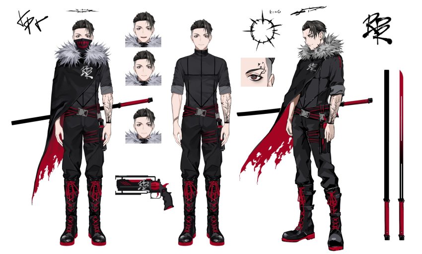 1boy, bishounen, black_cloak, black_eyes, black_footwear, black_hair, black_pants, black_shirt