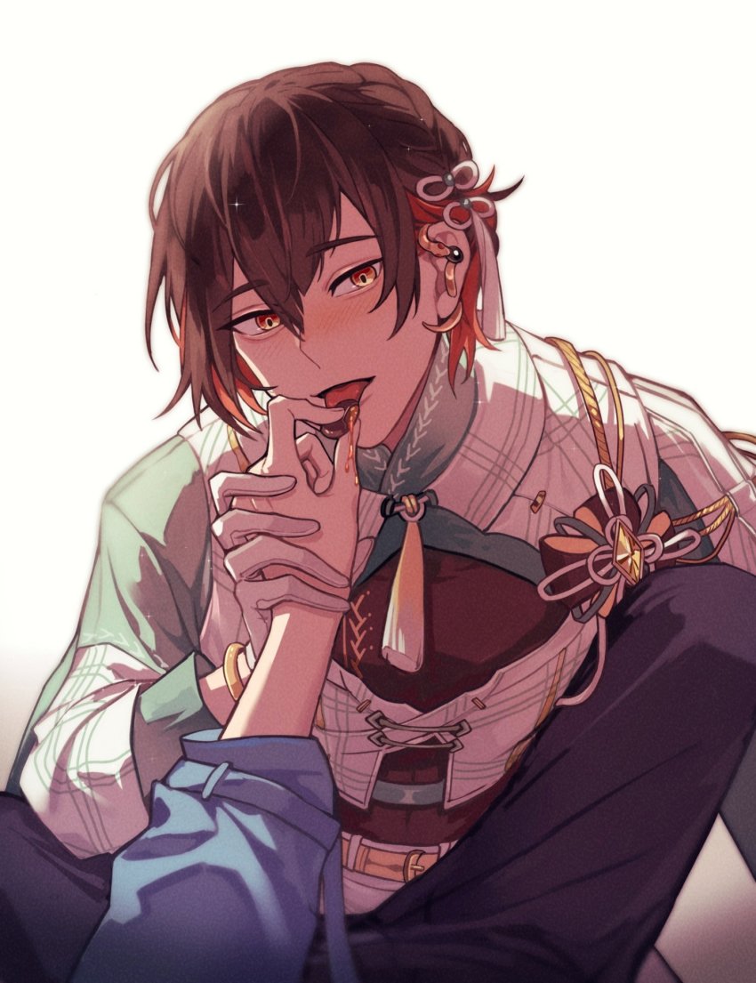 2boys, :p, bishounen, blush, bracelet, brown_hair, chinese_clothes, chocolate