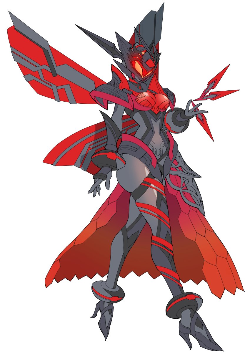 1girl, absurdres, anklet, antennae, armor, belt, black_bodysuit, black_footwear, bodysuit, breastplate, breasts, catball1994, commentary, dress, high_heels, highres, holding, honeycomb_(pattern), insect_wings, jewelry, kamen_rider, kamen_rider_aguilera, kamen_rider_revice, kunai, medium_breasts, queen_bee_genome, red_eyes, red_skirt, red_wings, simple_background, skirt, solo, stylistic, tokusatsu, weapon, white_background, wings