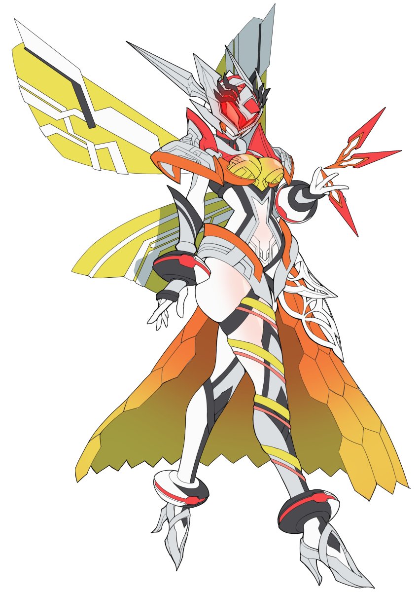 1girl, absurdres, anklet, antennae, armor, belt, bodysuit, breastplate, breasts, catball1994, commentary, dress, high_heels, highres, holding, honeycomb_(pattern), insect_wings, jewelry, kamen_rider, kamen_rider_aguilera, kamen_rider_revice, kunai, medium_breasts, orange_skirt, queen_bee_genome, simple_background, skirt, solo, stylistic, tokusatsu, weapon, white_background, white_bodysuit, white_footwear, wings