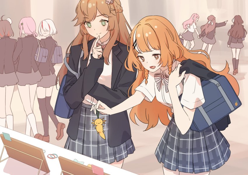 6+girls, anya_pandaria, atelier_live, axolotl, bow, brown_eyes, brown_hair, chai_(vtuber)