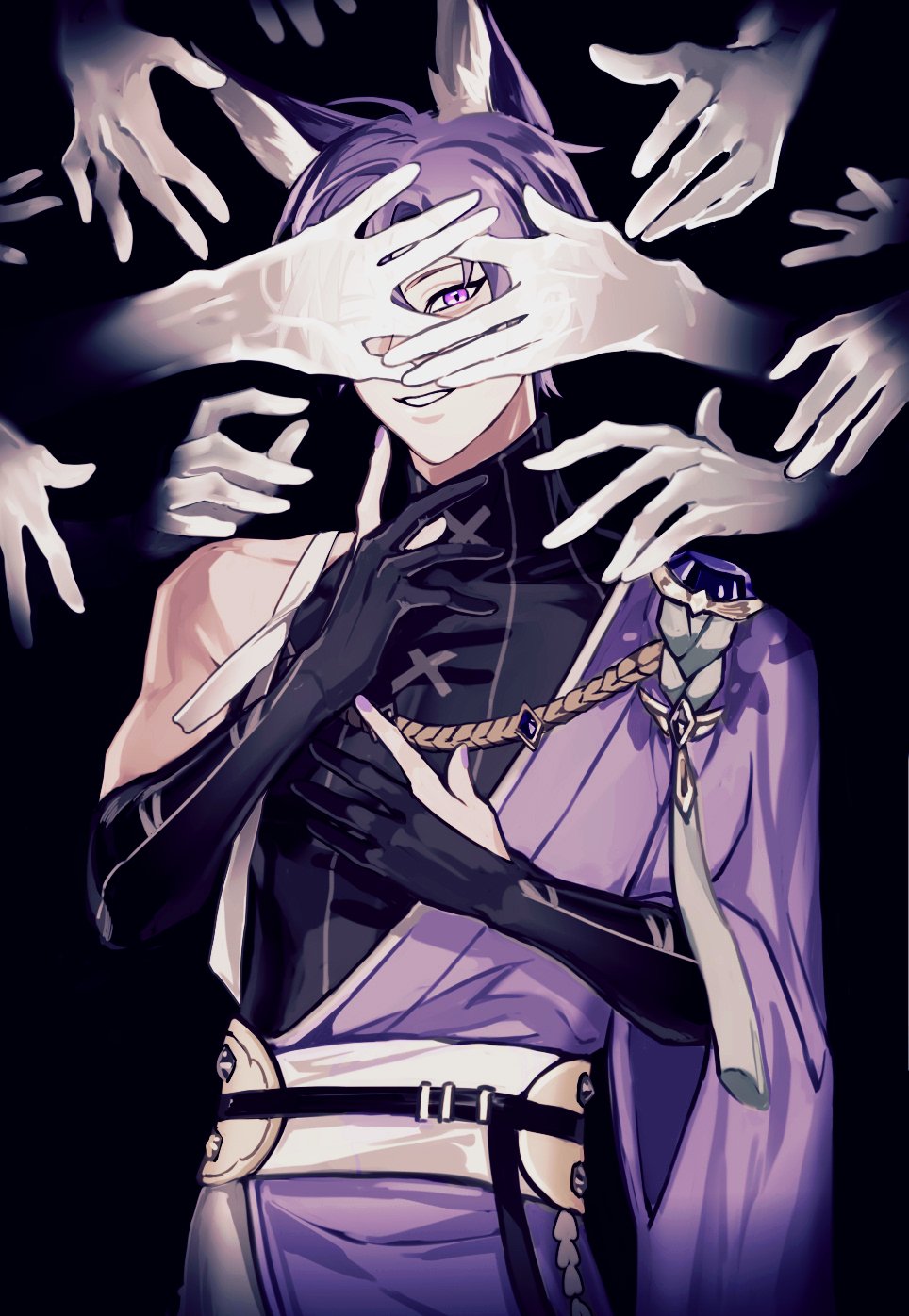 1boy, animal_ears, asymmetrical_sleeves, bishounen, black_background, black_gloves, elbow_gloves, fingerless_gloves