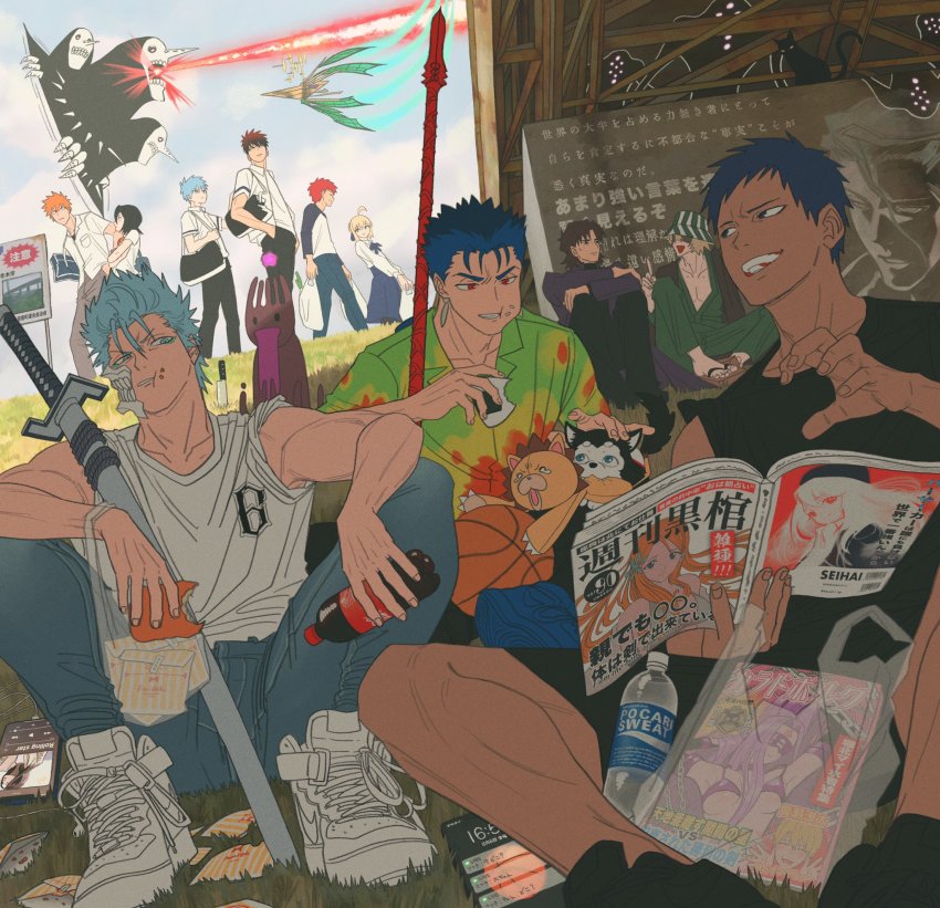 2girls, 6+boys, aizen_sousuke, animal, aomine_daiki, artoria_pendragon_(fate), bag, ball, black_hair, black_pants, black_shorts, black_tank_top, bleach, blonde_hair, blue_eyes, blue_hair, bottle, carnival_phantasm, cat, cloud, crossover, cu_chulainn_(aloha_shirt)_(fate), cu_chulainn_(lancer)_(fate), dark-skinned_male, dark_skin, day, denim, dog, earrings, eating, emiya_shirou, fate/stay_night, fate_(series), food, food_on_face, gae_bolg_(fate), grail-kun, grimmjow_jaegerjaquez, grocery_bag, hawaiian_shirt, highres, holding, holding_bottle, holding_food, holding_magazine, illyasviel_von_einzbern, inoue_orihime, jeans, jewelry, kagami_taiga, katana, knife, kotomine_kirei, kuchiki_rukia, kuroko_no_basuke, kuroko_tetsuya, kurosaki_ichigo, looking_at_another, magazine_(object), medusa_(fate), medusa_(rider)_(fate), multiple_boys, multiple_girls, onigiri, orange_hair, outdoors, pants, polearm, red_eyes, red_hair, saber_(fate), school_uniform, shirt, shopping_bag, short_hair, shorts, sitting, sky, smile, soda_bottle, spear, stuffed_animal, stuffed_toy, sword, tank_top, urahara_kisuke, uraura_ura-chan, water_bottle, weapon, white_shirt