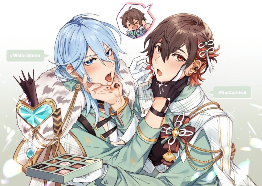 >_<, :p, aiguillette, asymmetrical_gloves, bishounen, black_gloves, blue_eyes, blue_hair