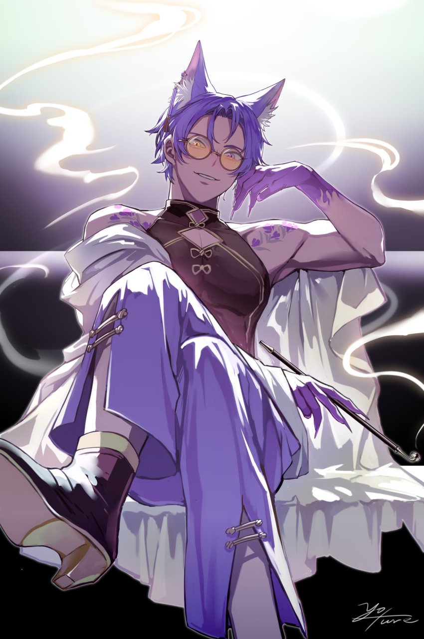 1boy, animal_ears, bishounen, flower_tattoo, fox_boy, fox_ears, heterochromia, high_heels