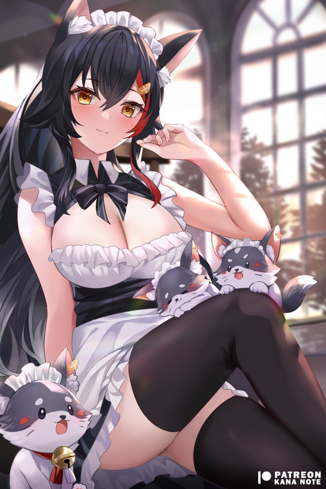 1girl, animal_ear_fluff, animal_ears, arm_support, black_bow, black_bowtie, black_hair, black_thighhighs, blush, bow, bowtie, breasts, cleavage, crossed_legs, hair_between_eyes, hair_ornament, hairclip, hololive, indoors, large_breasts, long_hair, looking_at_viewer, maid, maid_headdress, miofa_(ookami_mio), mujinbensin, ookami_mio, sleeveless, thighhighs, virtual_youtuber, wolf_ears, wolf_girl, yellow_eyes