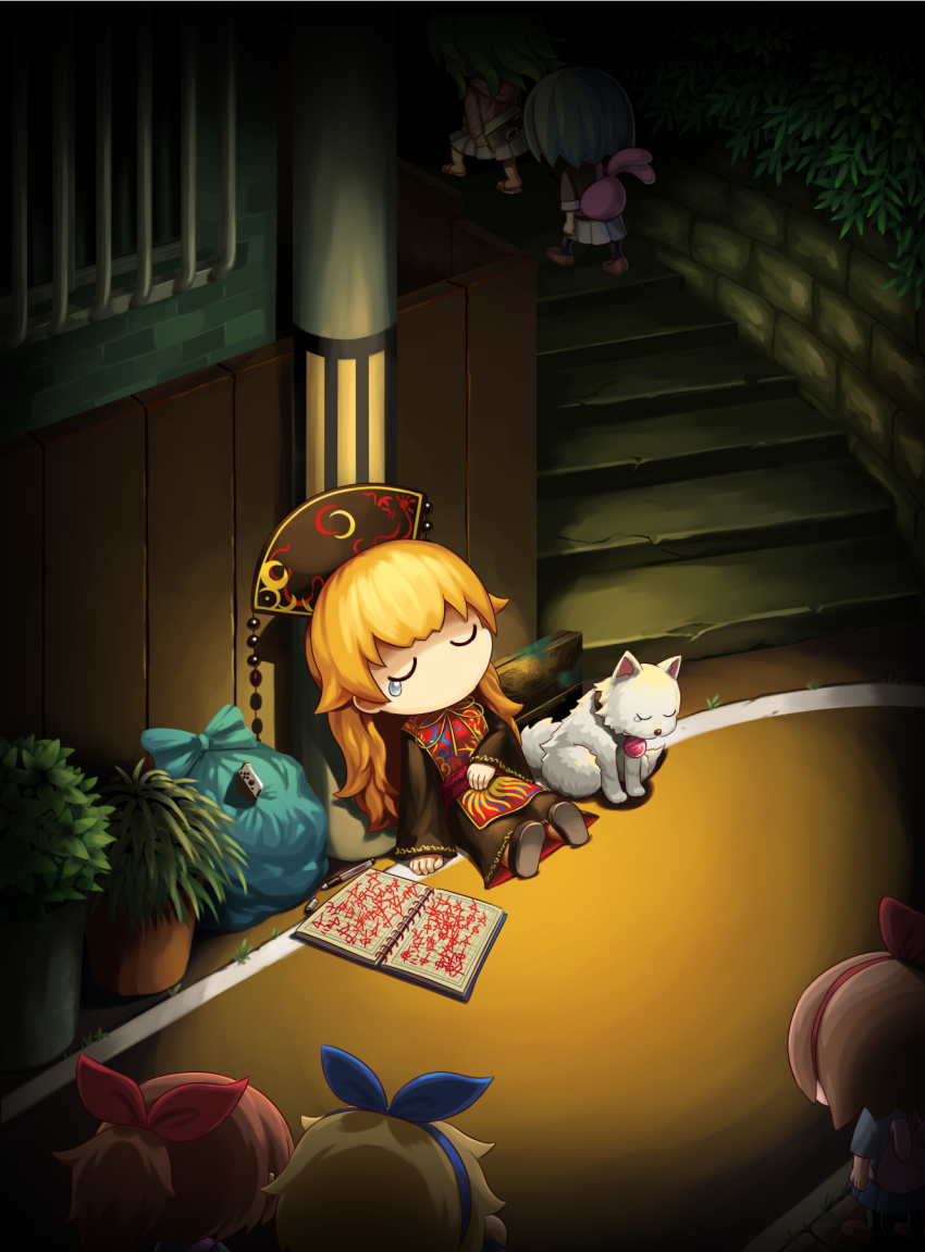 6+girls, animal_bag, animal_collar, backpack, bag, barred_window, black_dress, black_legwear