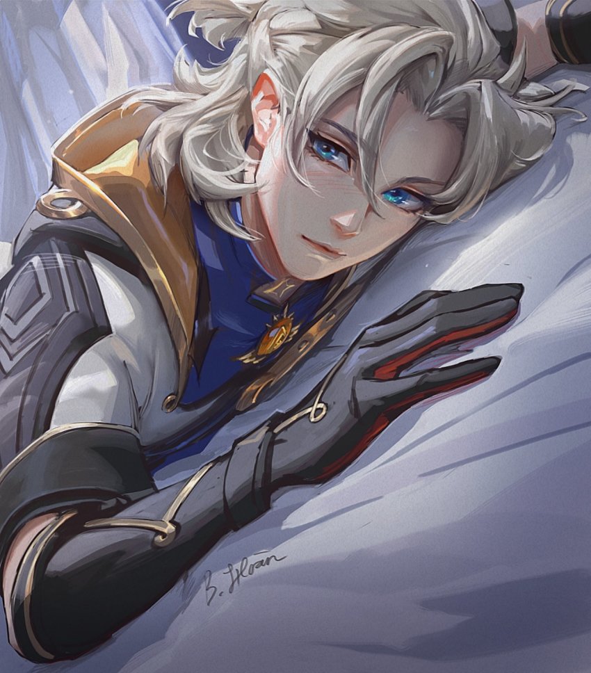1boy, albedo_(genshin_impact), aqua_eyes, bich_hoan, black_gloves, blonde_hair, blush, elbow_gloves