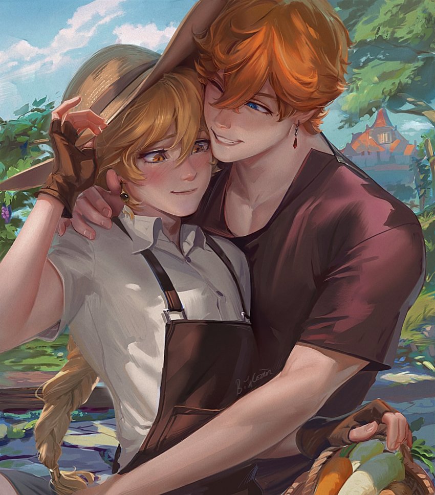 2boys, aether_(genshin_impact), basket, bich_hoan, blonde_hair, blue_eyes, blush, braid, brown_gloves, carrot, day, earrings, fingerless_gloves, genshin_impact, gloves, hat, highres, holding, holding_basket, hug, hug_from_behind, jewelry, long_hair, looking_at_another, male_focus, multiple_boys, one_eye_closed, orange_hair, outdoors, shirt, short_hair, short_sleeves, single_braid, single_earring, smile, sun_hat, tartaglia_(genshin_impact), white_shirt, yaoi, yellow_eyes