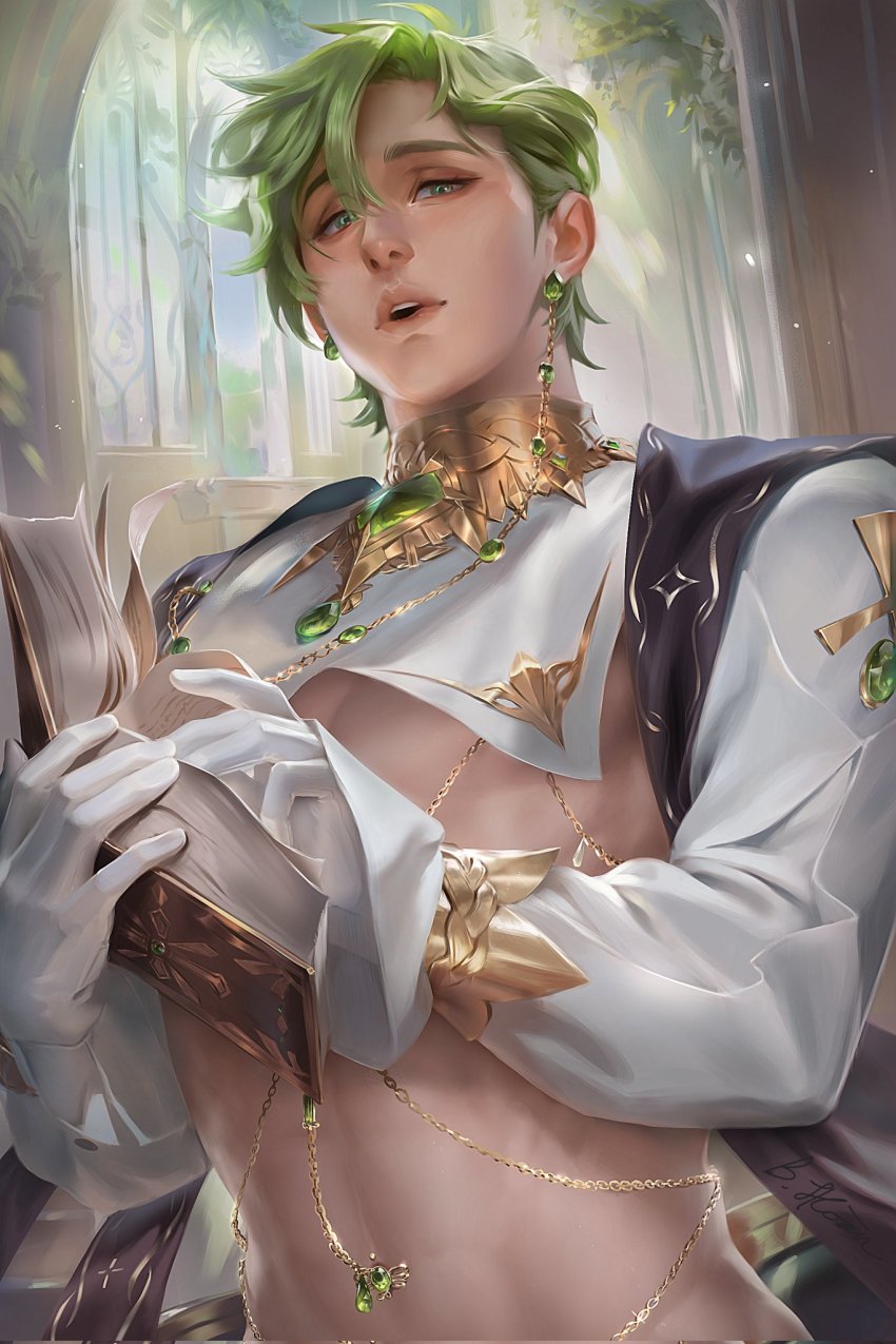 1boy, bich_hoan, book, chain, earrings, gem, gloves, green_eyes