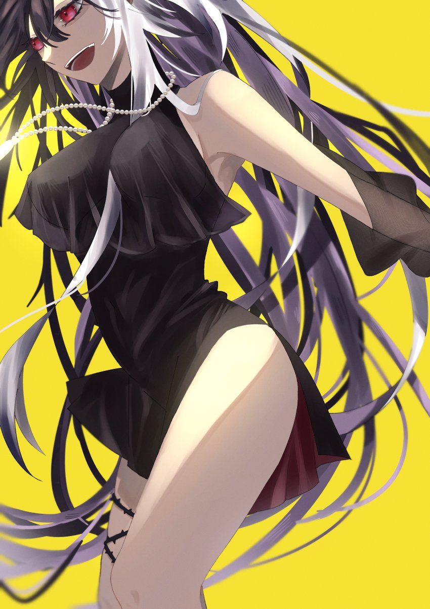 1girl, absurdres, alchemy_stars, bare_legs, bare_shoulders, black_dress, black_hair, dress