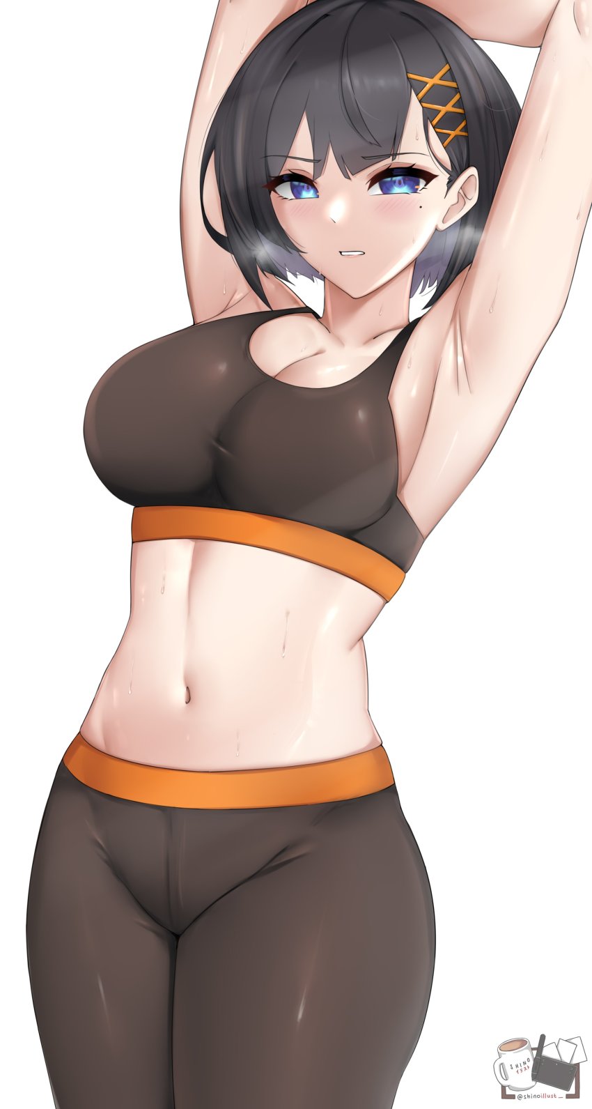 1girl, absurdres, armpits, arms_up, asymmetrical_breasts, black_hair, blue_eyes, blush, breasts, cowboy_shot, facing_viewer, hair_ornament, highres, large_breasts, leggings, legs_together, looking_at_viewer, midriff, mole, mole_under_eye, navel, nijisanji, nijisanji_id, shinoillust, short_hair, simple_background, siska_leontyne, solo, sports_bra, standing, sweat, virtual_youtuber, white_background, x_hair_ornament