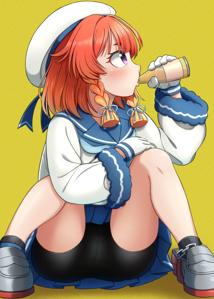 1girl, bike_shorts, black_socks, blonde_hair, blue_neckerchief, blue_sailor_collar, blue_skirt, bob_cut