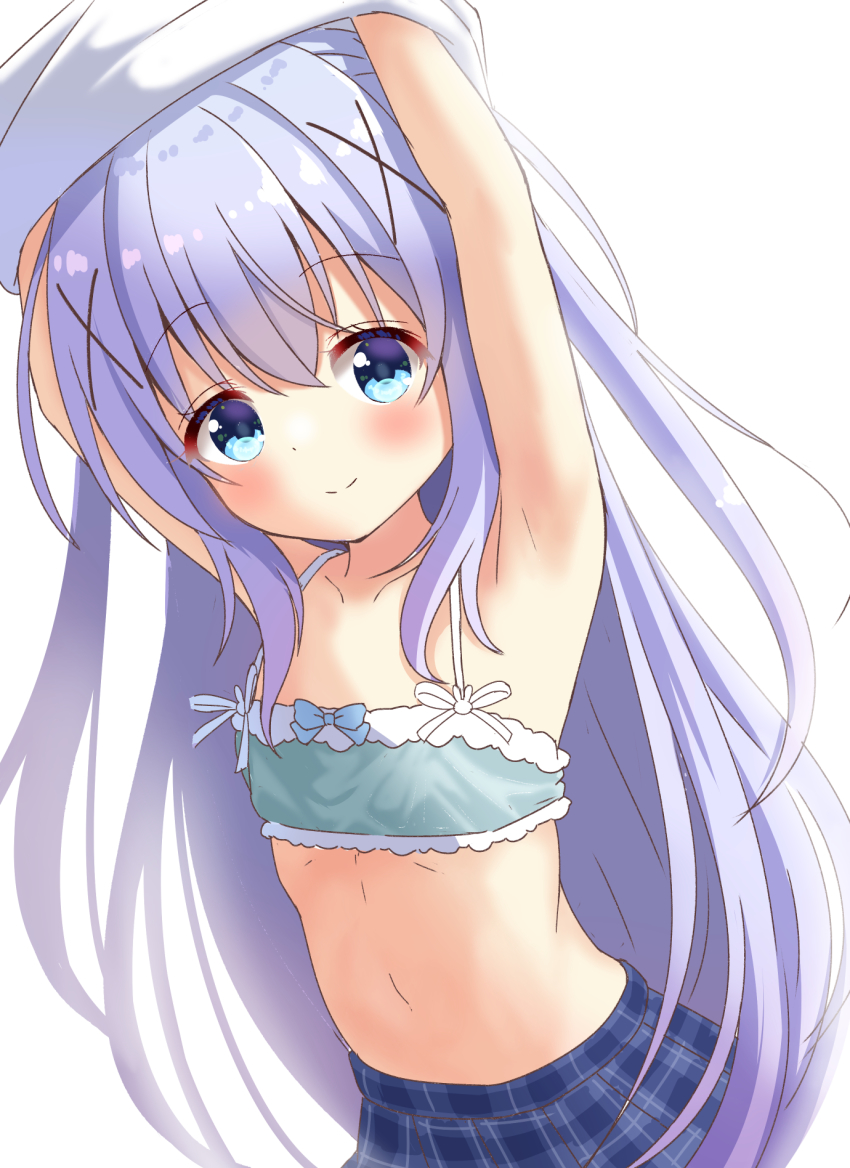1girl, armpits, azel_(laevateinn495), blue_bra, blue_eyes, blue_hair, blue_skirt, blush, bra, breasts, clothes_lift, female_focus, gochuumon_wa_usagi_desu_ka?, hair_ornament, hairclip, highres, kafuu_chino, lifting_own_clothes, loli, long_hair, looking_at_viewer, navel, plaid_clothes, plaid_skirt, shirt, shirt_lift, simple_background, skirt, small_breasts, smile, solo, underwear, undressing, upper_body, white_background, white_shirt