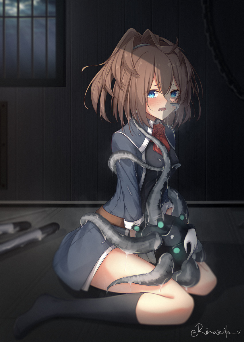 1girl, abyssal_ship, ascot, aticsanir, belt, black_socks, blue_eyes, breasts