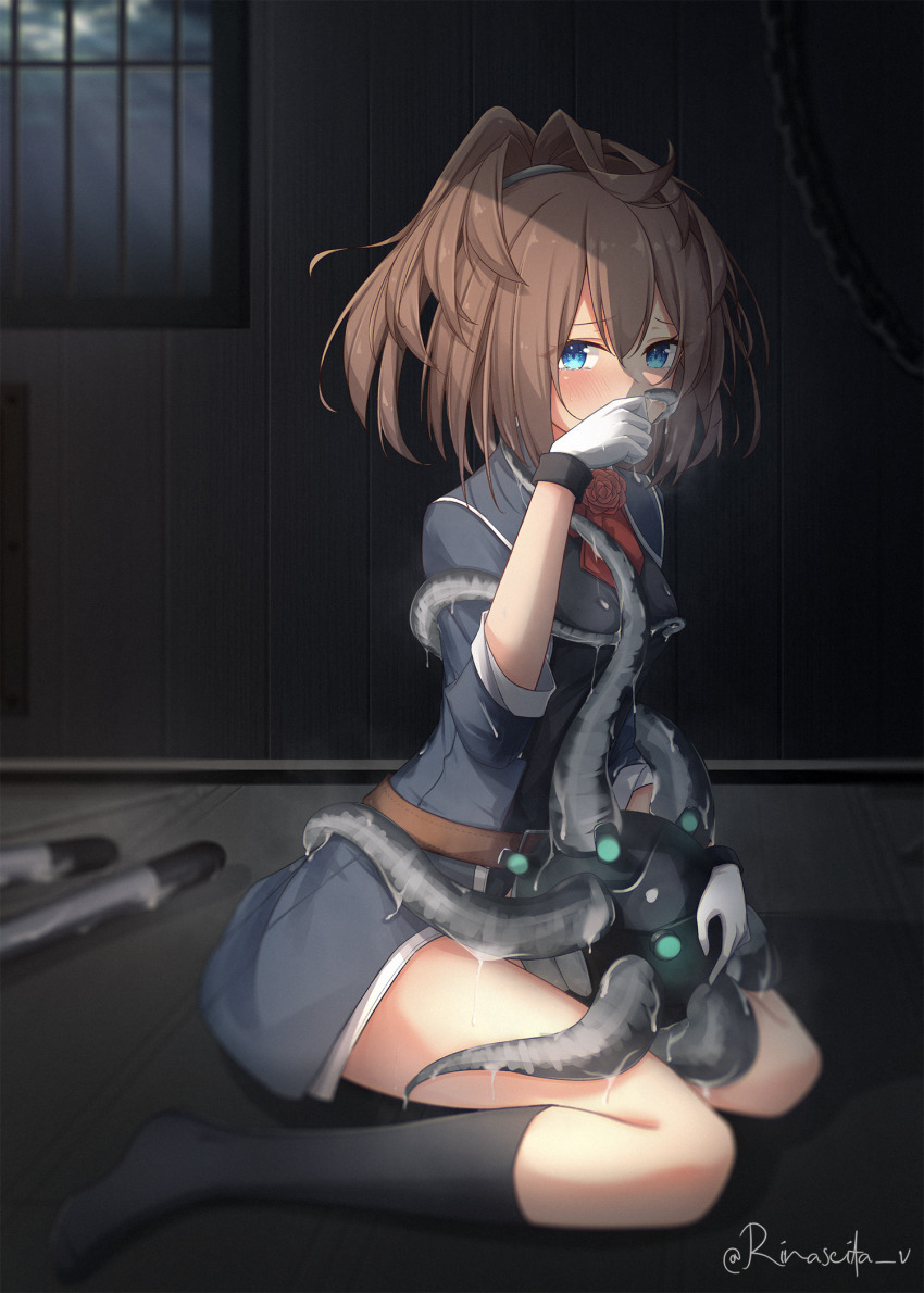 1girl, abyssal_ship, ascot, aticsanir, belt, black_socks, blue_eyes, breasts