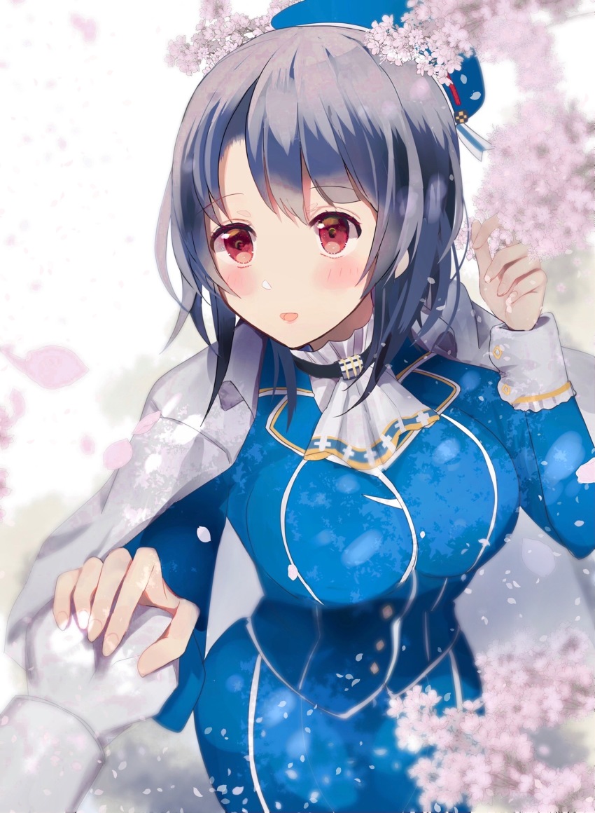 1boy, 1girl, absurdres, beret, black_gloves, black_hair, breasts, cherry_blossoms