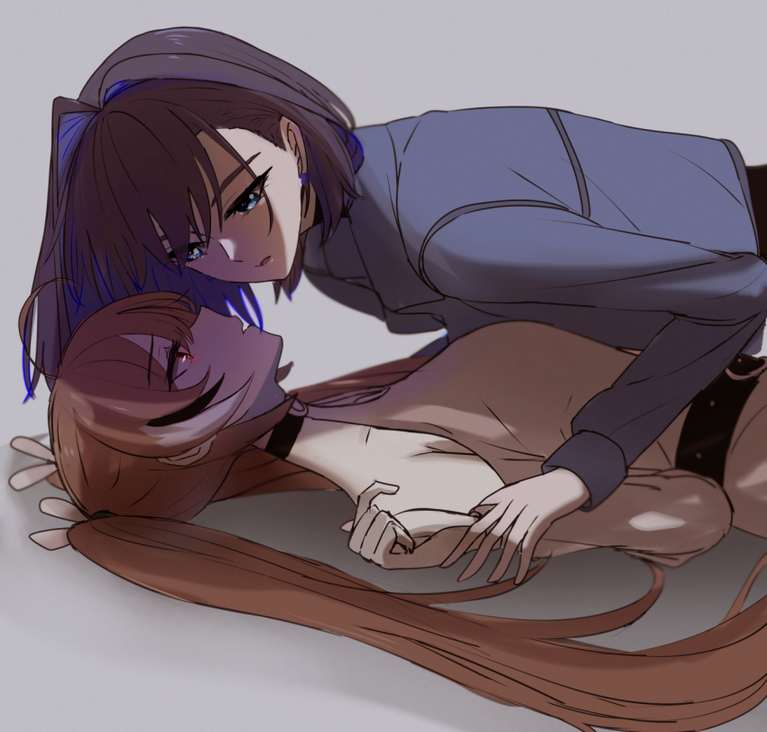 2girls, ahoge, alternate_costume, belt, blue_eyes, blue_hair, blue_jacket, clothing_cutout, cosplay, dilemma_(vocaloid), dress, feather_hair_ornament, feathers, hair_intakes, hair_ornament, hatsune_miku, hatsune_miku_(cosplay), highres, hololive, hololive_english, jacket, looking_at_another, lying, macartura08, multicolored_hair, multiple_girls, nanashi_mumei, on_back, ouro_kronii, parted_lips, red_eyes, short_hair, streaked_hair, twintails, virtual_youtuber, vocaloid, white_dress, yuri