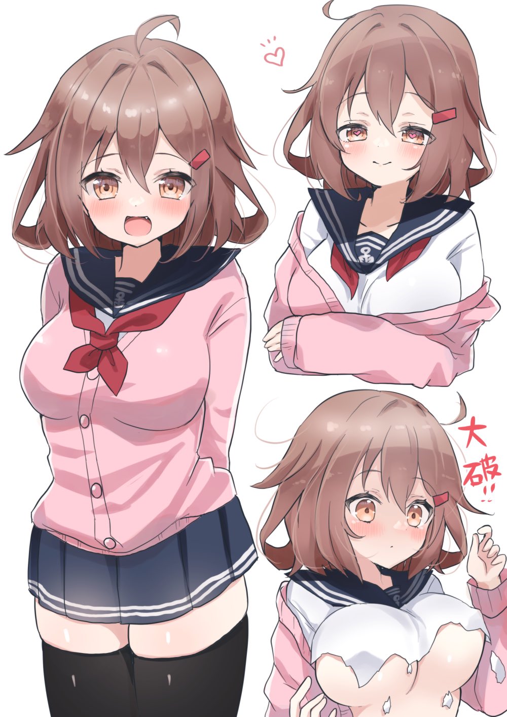 ahoge, alternate_breast_size, anchor_symbol, black_legwear, breasts, brown_eyes, brown_hair, hair_ornament