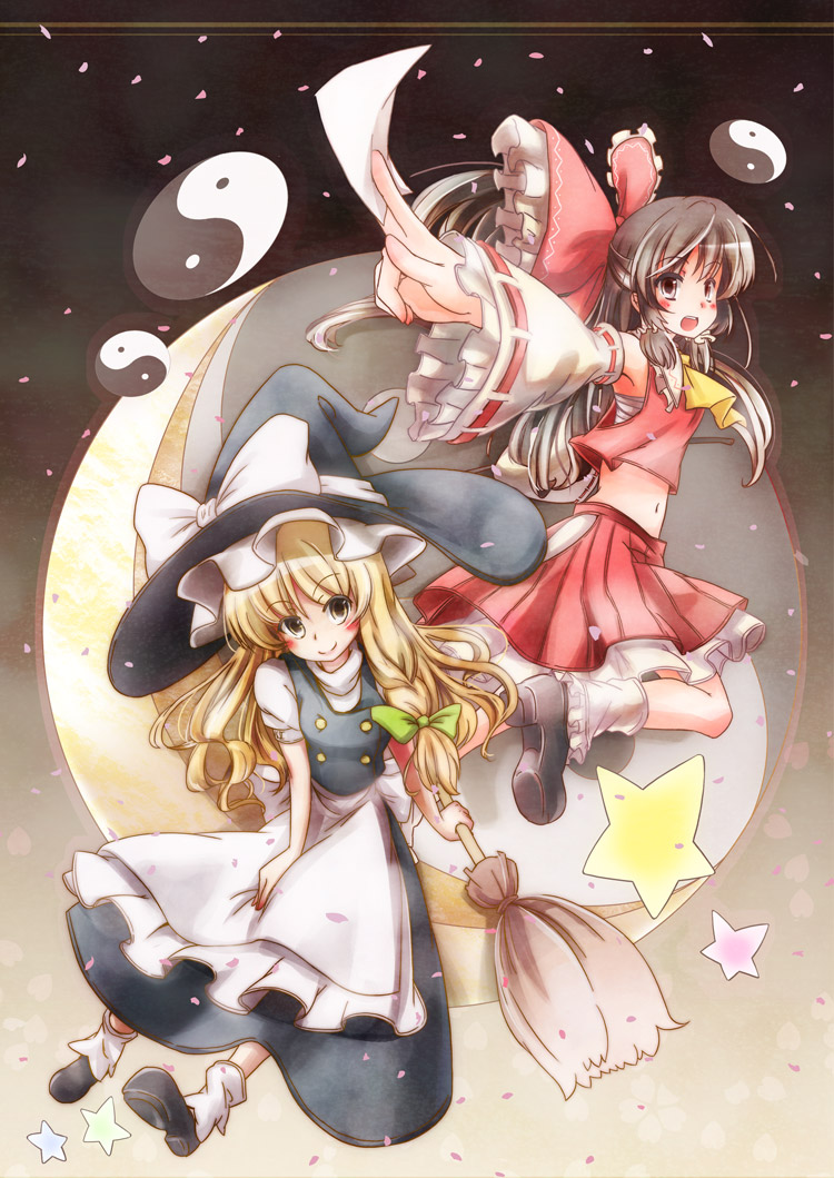 2girls, apron, armpits, bad_id, bad_pixiv_id, blonde_hair, blush, bow