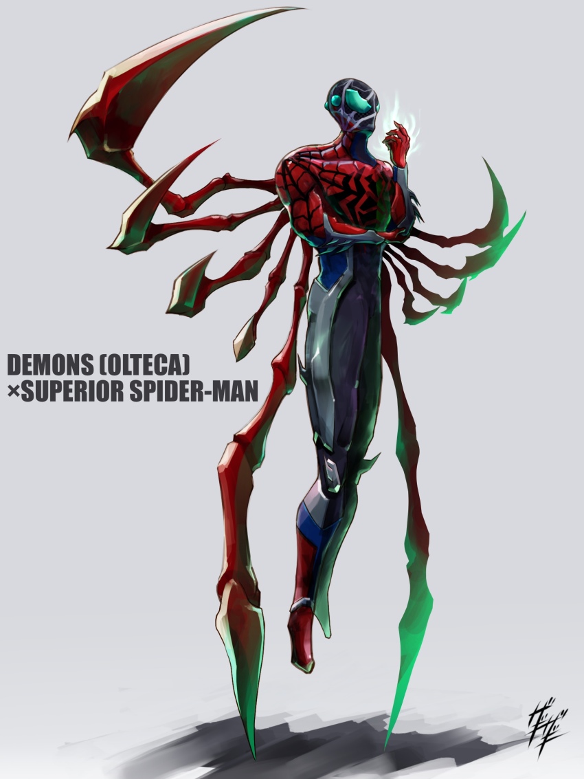 1boy, adapted_costume, alternate_costume, aqua_eyes, artist_name, boots, extra_legs, fire, full_body, fusion, green_eyes, highres, kamen_rider, kamen_rider_demons, kamen_rider_revice, magic, male_focus, marvel, mechanical_legs, olteca_(kamen_rider_revice), red_footwear, shadow, signature, spider-man, spider-man_(original_suit), spider-man_(series), superior_spider-man, trait_connection, villain_pose, white_background, zagizagi